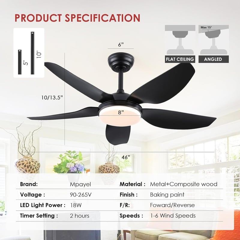Mpayel 117 cm Mennyezeti Ventilátor Távirányítóval, 5 Lapáttal, 6 Fokozat, Dimmelhető, Fekete