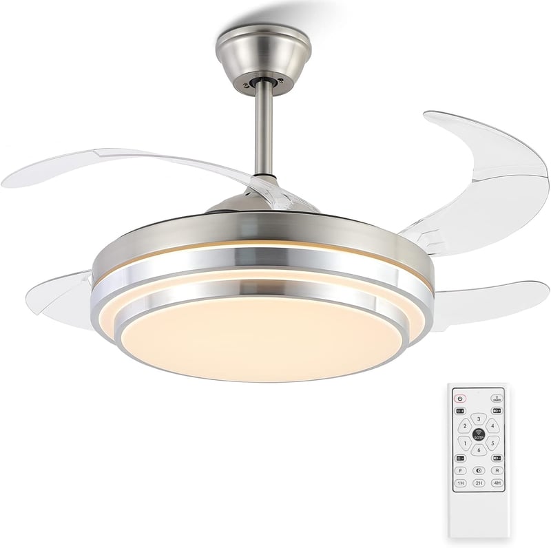Mpayel Behúzható Mennyezeti Ventilátor LED Világítással - 42" Modern Fém Lámpa Távirányítóval, Csendes DC Motor, Szálcsiszolt Nikkel