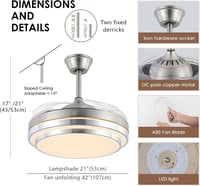 Mpayel Behúzható Mennyezeti Ventilátor LED Világítással - 42" Modern Fém Lámpa Távirányítóval, Csendes DC Motor, Szálcsiszolt Nikkel 7