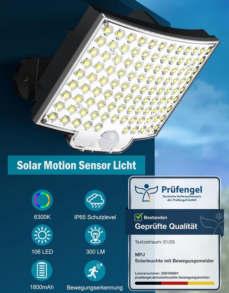 MPJ 106 LED napelemes kültéri fali lámpa mozgásérzékelővel IP65 vízálló 2db