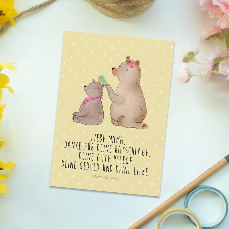 Mr. & Mrs. Panda Sárga Képeslap Mackó Gyerek Motívummal - Anyák Napja Apák Napja Üdvözlőlap Köszönetkártya