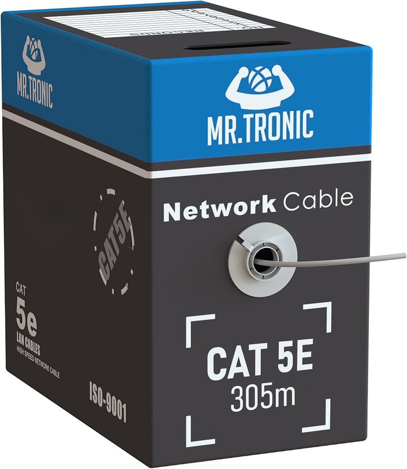 Mr. Tronic 305m Cat 5E Ethernet Hálózati Kábel, Gyors Internet Kapcsolathoz, AWG24, 1 Gbps, 100 MHz, UTP CCA, Szürke LAN Kábel