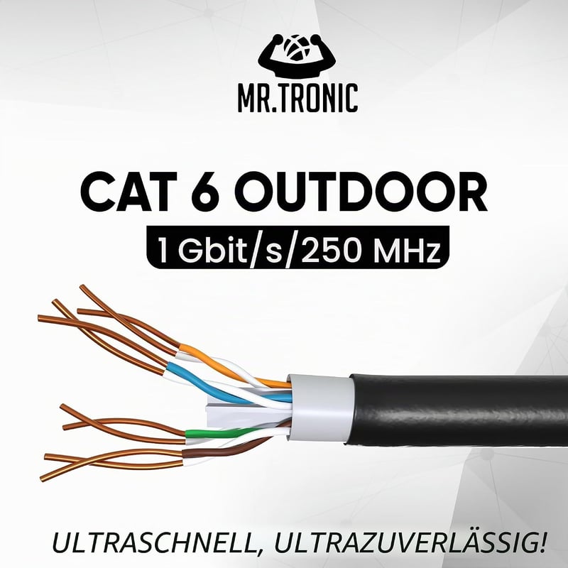 Mr. Tronic 50m Kültéri Vízálló Cat6 Ethernet Hálózati Kábel Fekete