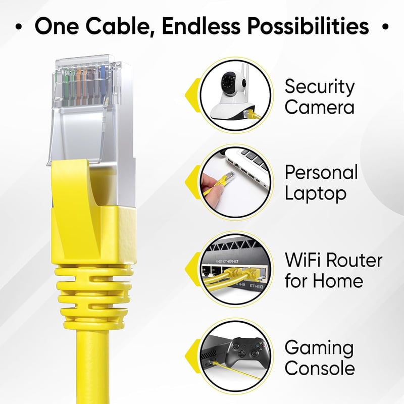 Mr. Tronic Cat 7 Ethernet Kábel 50m - Nagysebességű Hálózati Kábel RJ45 Csatlakozóval, SFTP Árnyékolt, 600MHz, Sárga, Kompatibilis PC, Xbox,