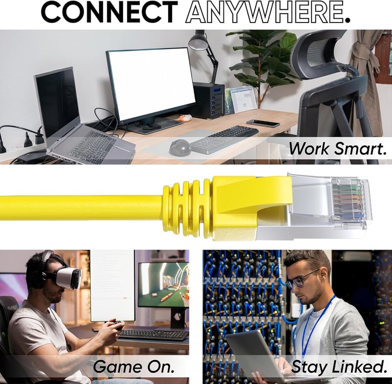 Mr. Tronic Cat 7 Ethernet Kábel 50m - Nagysebességű Hálózati Kábel RJ45 Csatlakozóval, SFTP Árnyékolt, 600MHz, Sárga, Kompatibilis PC, Xbox,