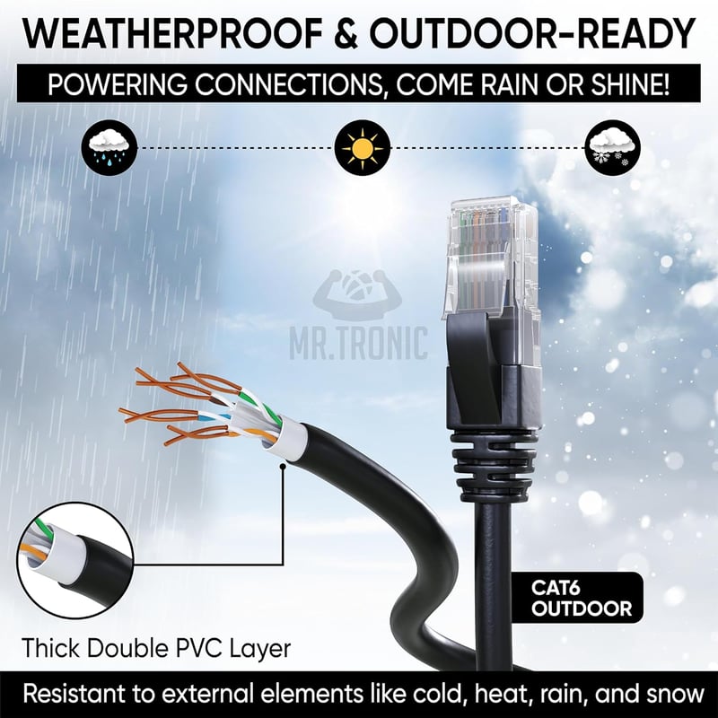 Mr. Tronic Outdoor Cat6 Ethernet Kábel 100m Vízálló RJ45 Csatlakozóval Fekete