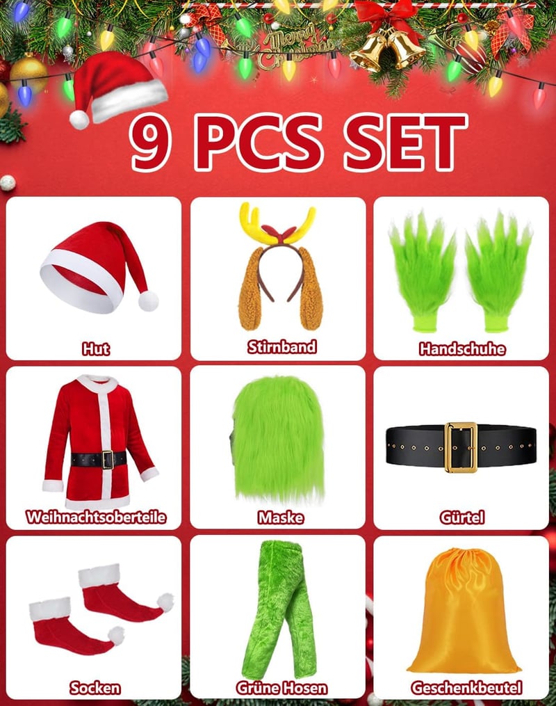Mrsclaus 9 részes zöld Grincs Santa jelmez férfiaknak maszk és sapkával