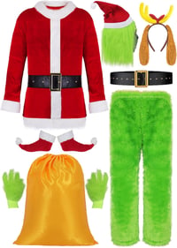 Mrsclaus 9 részes zöld Grincs Santa jelmez férfiaknak maszk és sapkával 1
