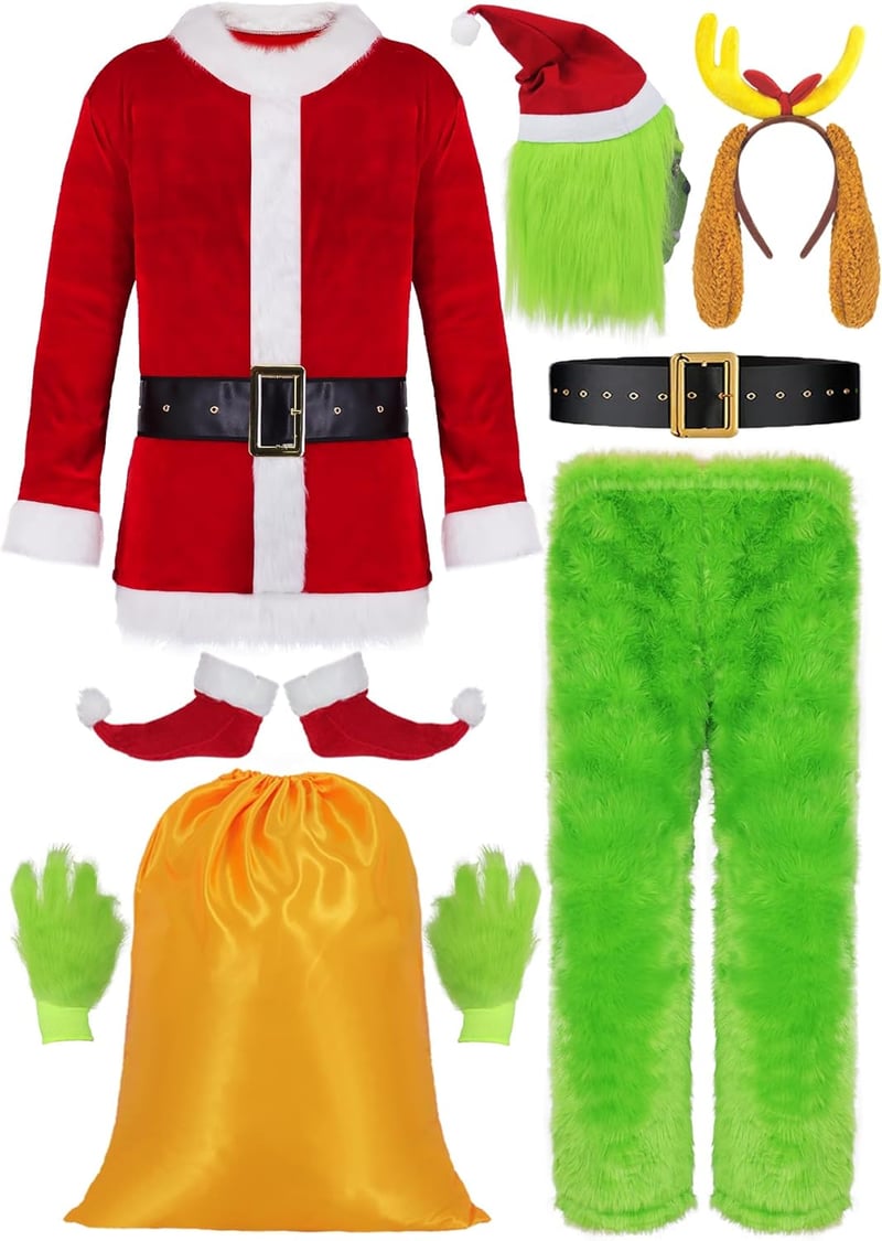 Mrsclaus 9 részes zöld Grincs Santa jelmez férfiaknak maszk és sapkával