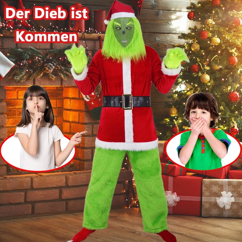 Mrsclaus 9 részes zöld Grincs Santa jelmez férfiaknak maszk és sapkával