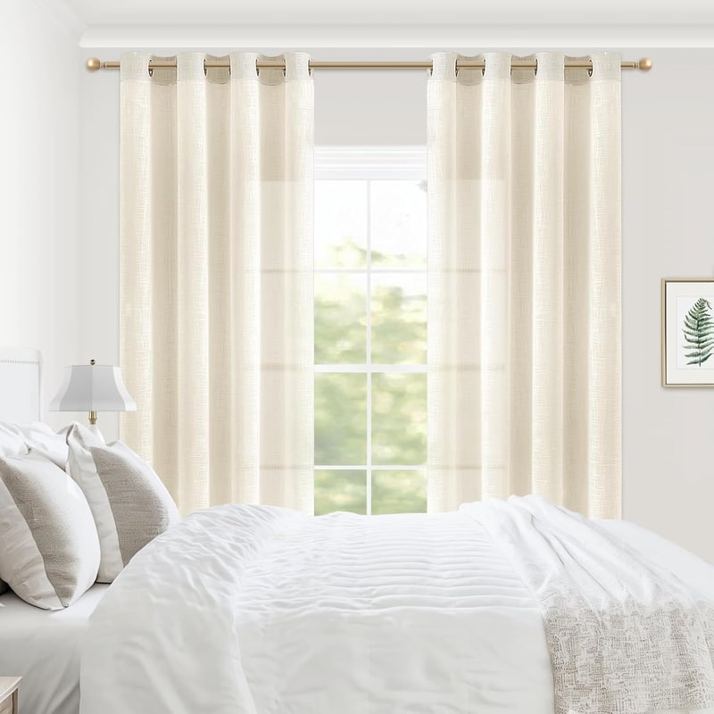 MRTREES Len Hatású Fényáteresztő Függöny Szett, 2 db Krémfehér Voile Függöny Fém Karikákkal, 280×140 cm, Nappali és Hálószoba Dekoráció