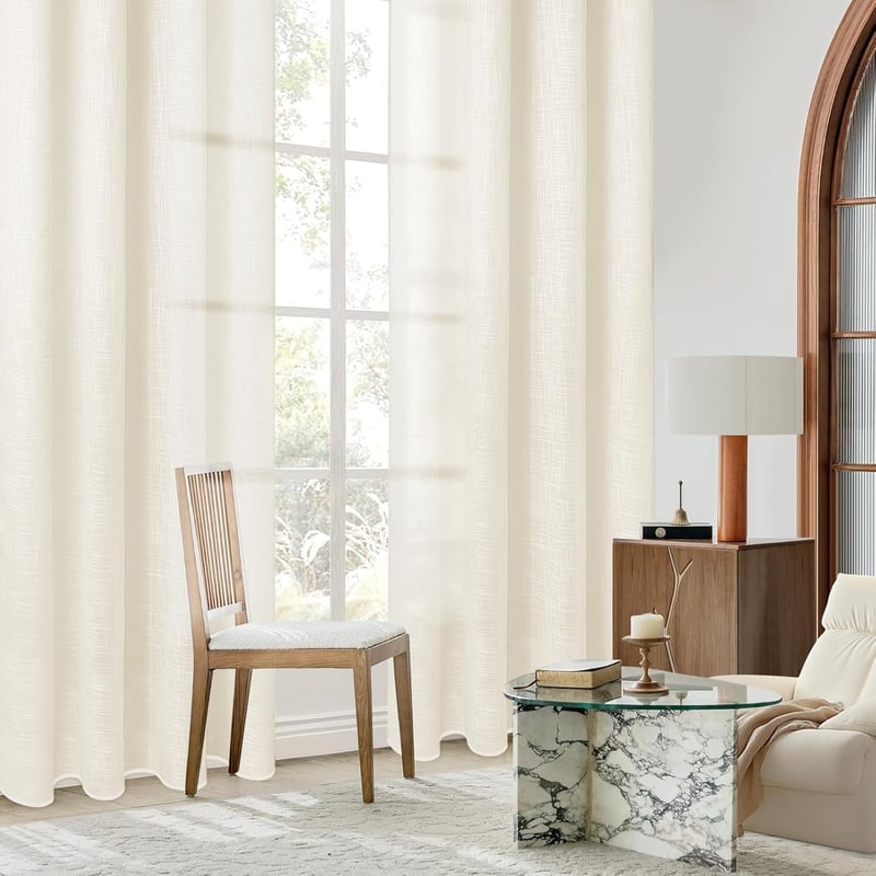 MRTREES Len Hatású Fényáteresztő Függöny Szett, 2 db Krémfehér Voile Függöny Fém Karikákkal, 280×140 cm, Nappali és Hálószoba Dekoráció