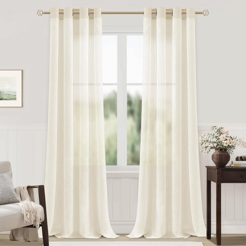 MRTREES Len Hatású Fényáteresztő Függöny Szett, 2 db Krémfehér Voile Függöny Fém Karikákkal, 280×140 cm, Nappali és Hálószoba Dekoráció