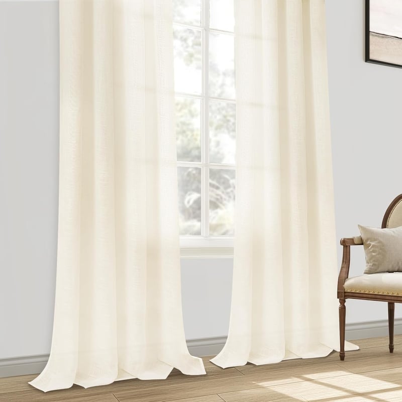MRTREES Len Hatású Fényáteresztő Függöny Szett, 2 db Krémfehér Voile Függöny Fém Karikákkal, 280×140 cm, Nappali és Hálószoba Dekoráció