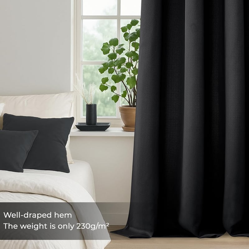 MRTREES Draperii opace, care blochează lumina, Negru, 300x140 cm, 2 buc - Termoizolante, cu inele metalice, Draperii moderne pentru living, H