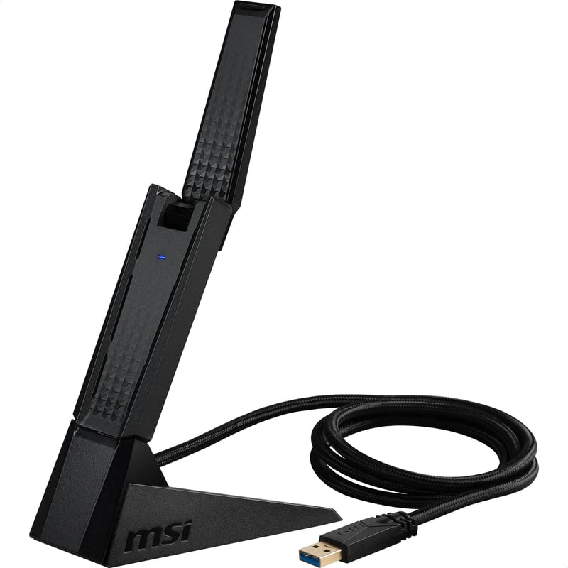 Trojpásmový USB adaptér MSI AXE5400 WiFi 6E – 5400 Mbps, 6 GHz/5 GHz/2,4 GHz, MU-MIMO, Beamforming, WPA3, nastaviteľná anténa, s podstavcom