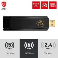Trojpásmový USB adaptér MSI AXE5400 WiFi 6E – 5400 Mbps, 6 GHz/5 GHz/2,4 GHz, MU-MIMO, Beamforming, WPA3, nastaviteľná anténa, s podstavcom 5