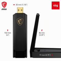 Trojpásmový USB adaptér MSI AXE5400 WiFi 6E – 5400 Mbps, 6 GHz/5 GHz/2,4 GHz, MU-MIMO, Beamforming, WPA3, nastaviteľná anténa, s podstavcom 10