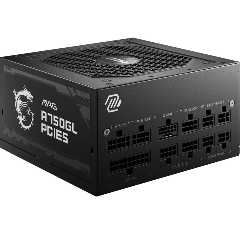 Napájací zdroj MSI MAG A750GL 750W 80 Plus Gold plne modulárny, podpora ATX 3.0 a PCIe 5.0, 120 mm FDB ventilátor, čierne ploché káble