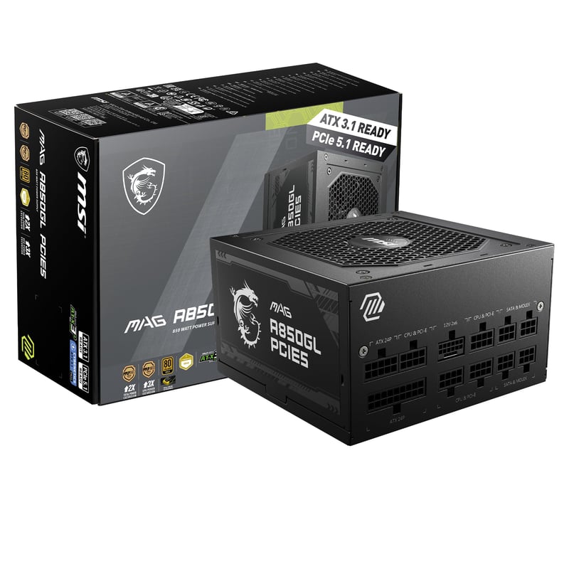 Napájací zdroj MSI MAG A850GL PCIE5 850W ATX3.1 PCIe 5.1 80PLUS Gold plne modulárny PC zdroj so 7-ročnou zárukou PS1327