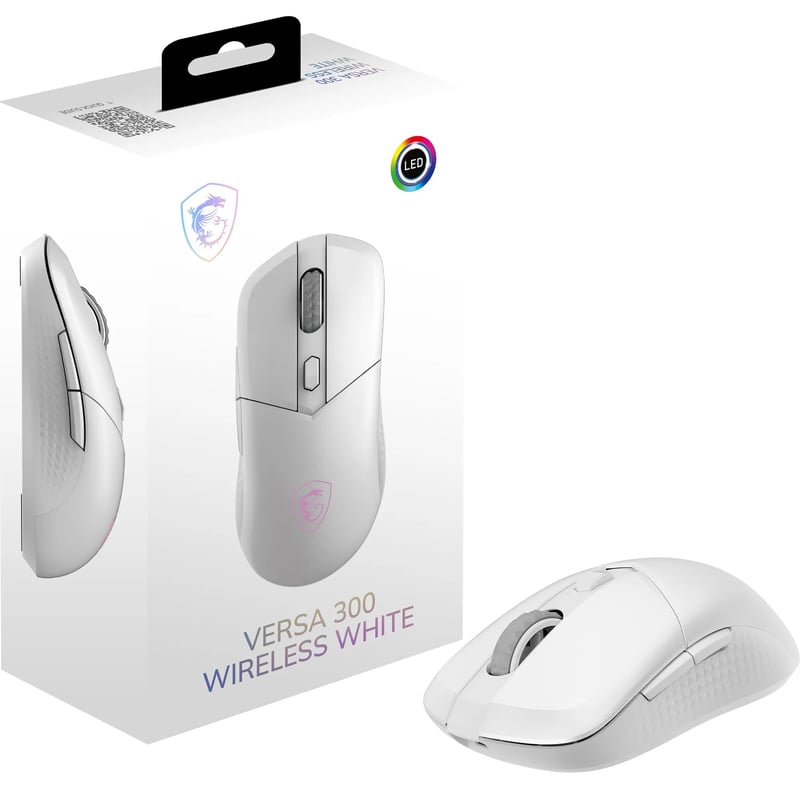 Bezdrôtová herná myš MSI Versa 300 biela, 8000 DPI, RGB, mikrospínače Kailh s výdržou 30 miliónov+ kliknutí, 6 tlačidiel, 50-hodinová výdrž batérie, odozva 1 ms
