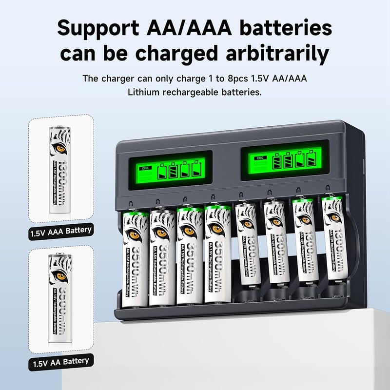 Mspalocell 1,5V 3600 mWh Lítium AA Akkumulátor Szett 8db USB-C Töltővel, Gyorstöltő LCD Kijelzővel Újratölthető Ceruza Elem