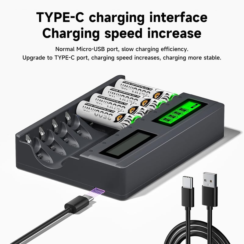 Mspalocell 1,5V 3600 mWh Lítium AA Akkumulátor Szett 8db USB-C Töltővel, Gyorstöltő LCD Kijelzővel Újratölthető Ceruza Elem