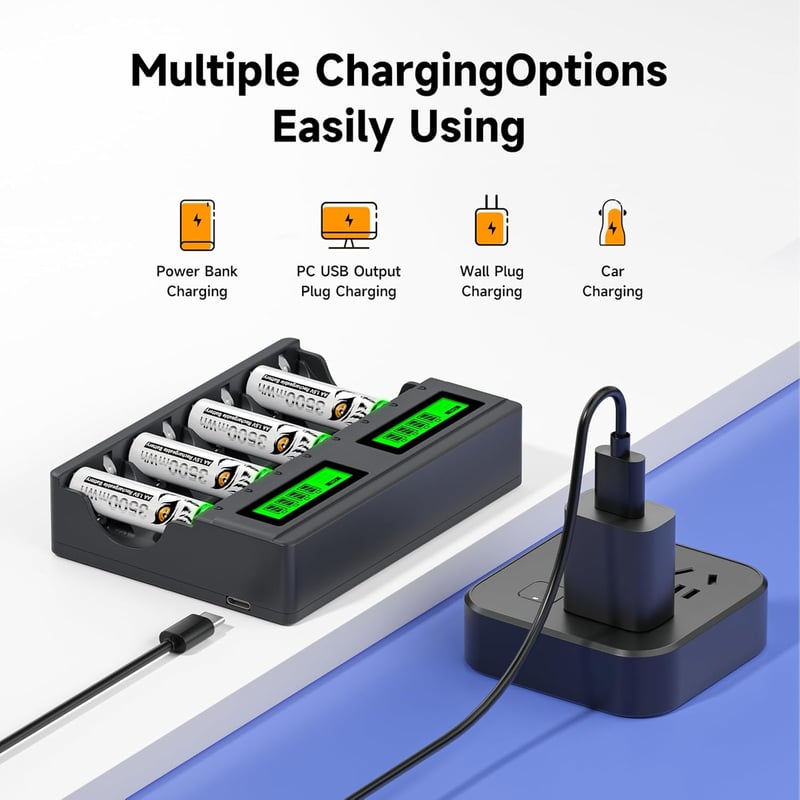 Mspalocell 1,5V 3600 mWh Lítium AA Akkumulátor Szett 8db USB-C Töltővel, Gyorstöltő LCD Kijelzővel Újratölthető Ceruza Elem