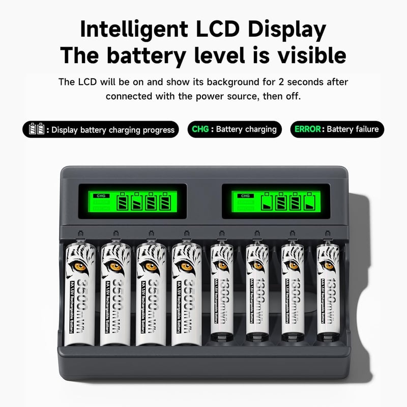 Mspalocell 1,5V 3600 mWh Lítium AA Akkumulátor Szett 8db USB-C Töltővel, Gyorstöltő LCD Kijelzővel Újratölthető Ceruza Elem