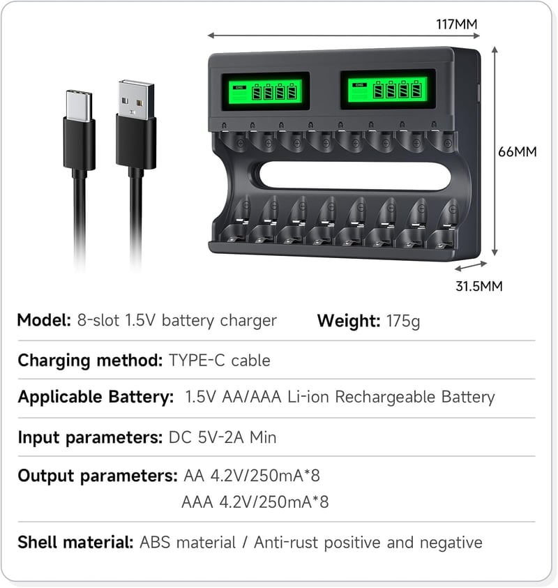 Mspalocell 1,5V 3600 mWh Lítium AA Akkumulátor Szett 8db USB-C Töltővel, Gyorstöltő LCD Kijelzővel Újratölthető Ceruza Elem