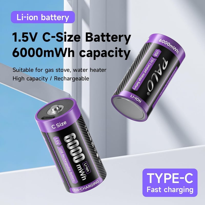 Mspalocell USB-C Lítium Akkumulátor C LR14 1.5V 6000mWh Gyorstöltő Kábellel Töltésjelző Fénnyel 1500+ Ciklus 6 Darabos Csomag