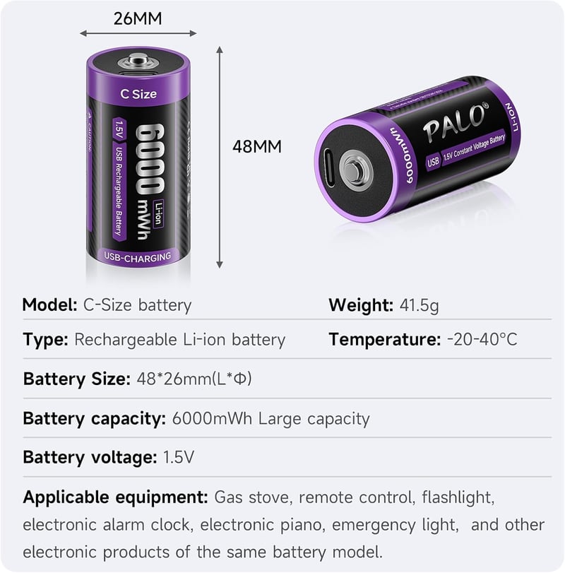 Mspalocell USB-C Lítium Akkumulátor C LR14 1.5V 6000mWh Gyorstöltő Kábellel Töltésjelző Fénnyel 1500+ Ciklus 6 Darabos Csomag