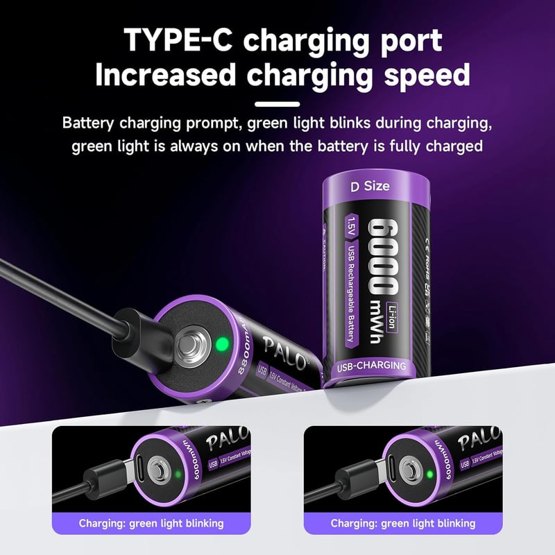 Mspalocell USB-C Lítium Akkumulátor C LR14 1.5V 6000mWh Gyorstöltő Kábellel Töltésjelző Fénnyel 1500+ Ciklus 6 Darabos Csomag