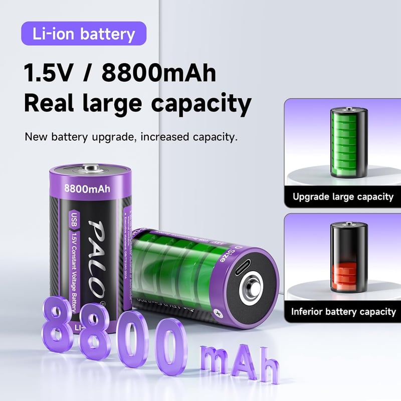 Mspalocell USB-C Újratölthető D Elem Akkumulátor 8800 mAh 1.5V Gyorstöltő Lítium Elem Töltőkábellel 4 Darabos Csomag