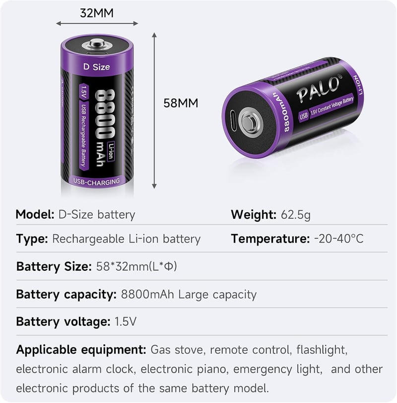 Mspalocell USB-C Újratölthető D Elem Akkumulátor 8800 mAh 1.5V Gyorstöltő Lítium Elem Töltőkábellel 4 Darabos Csomag