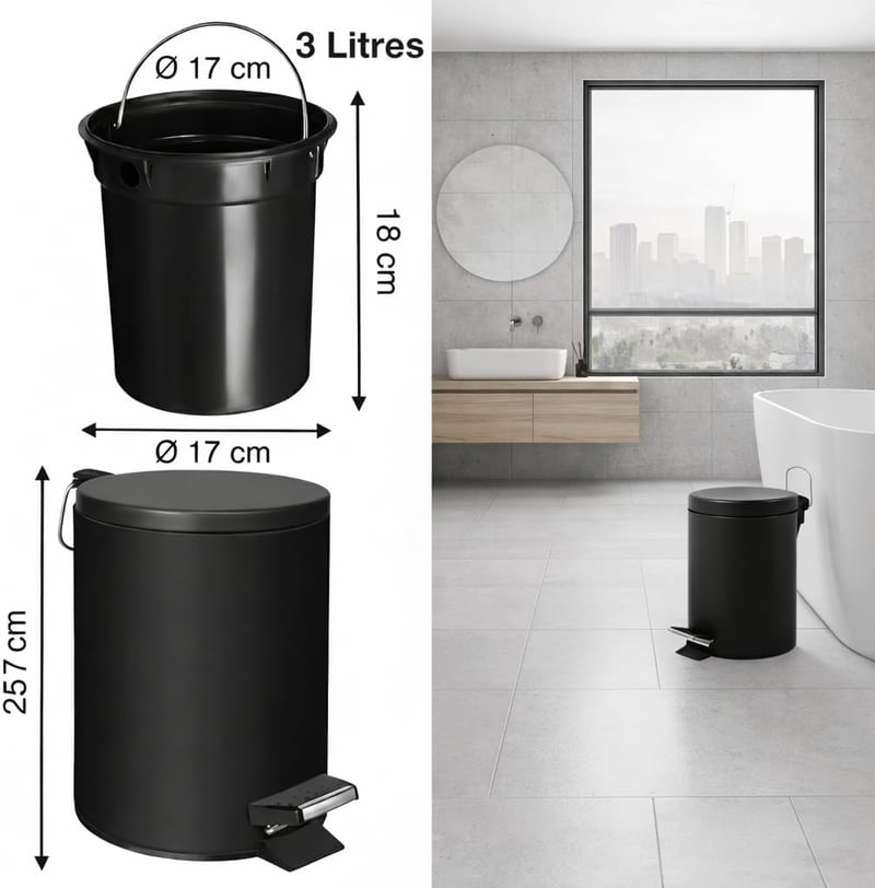 MSV rozsdamentes acél pedálos szemetes, fekete, 3 literes - 3 Litre, Black