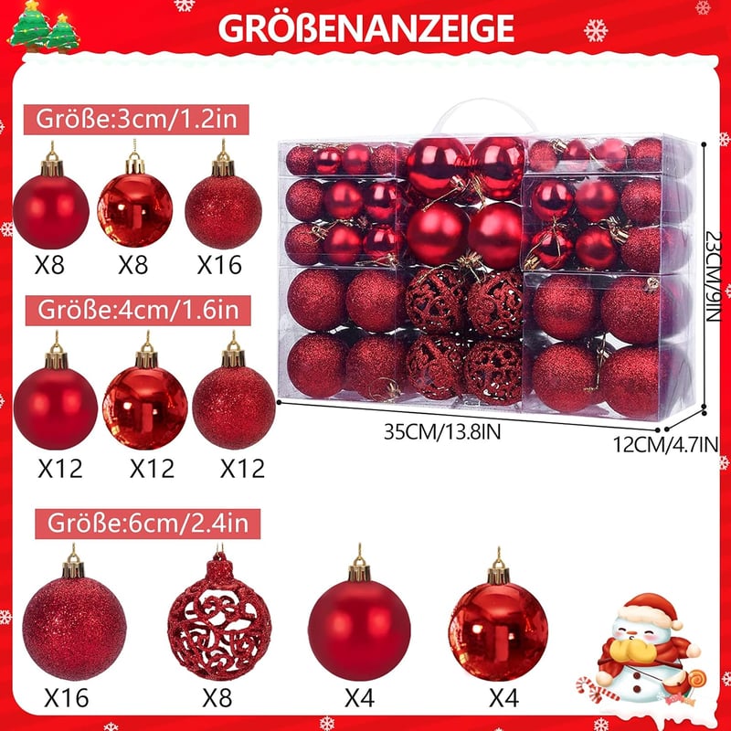 MTSCE 100 darabos karácsonyi gömb szett piros - 3, 4, 6 cm fényes matt csillogó