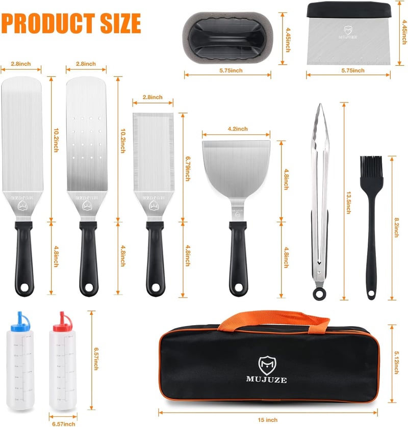 MUJUZE 13 részes rozsdamentes acél grillkészlet táskával - BBQ spatula szett teppanyaki és kempingezéshez, férfiaknak ideális ajándék