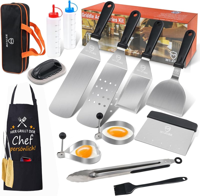 MUJUZE 13 részes rozsdamentes acél grillkészlet táskával - BBQ spatula szett teppanyaki és kempingezéshez, férfiaknak ideális ajándék