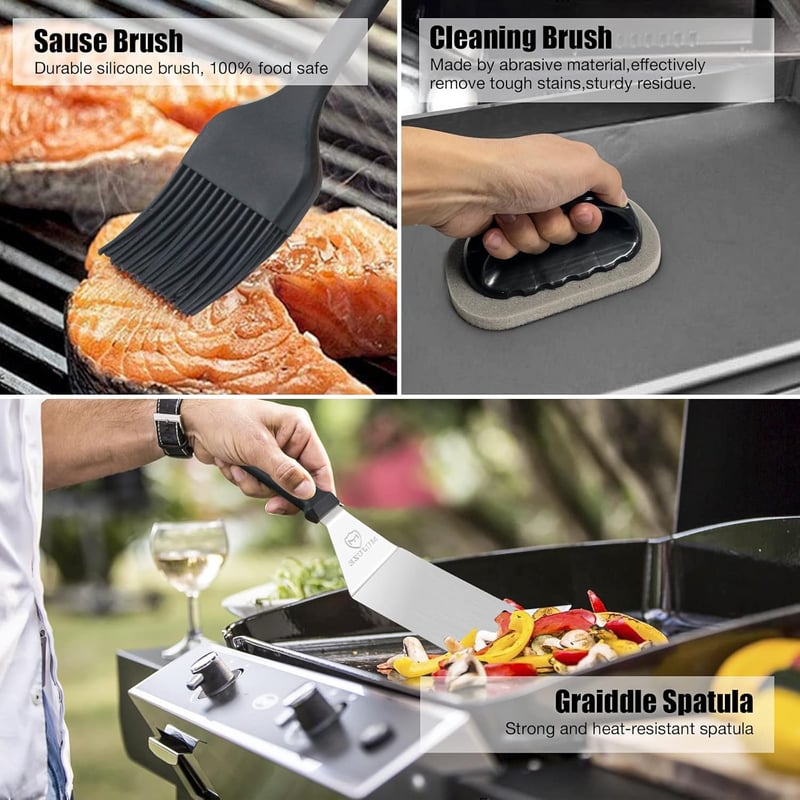 MUJUZE 13 részes rozsdamentes acél grillkészlet táskával - BBQ spatula szett teppanyaki és kempingezéshez, férfiaknak ideális ajándék