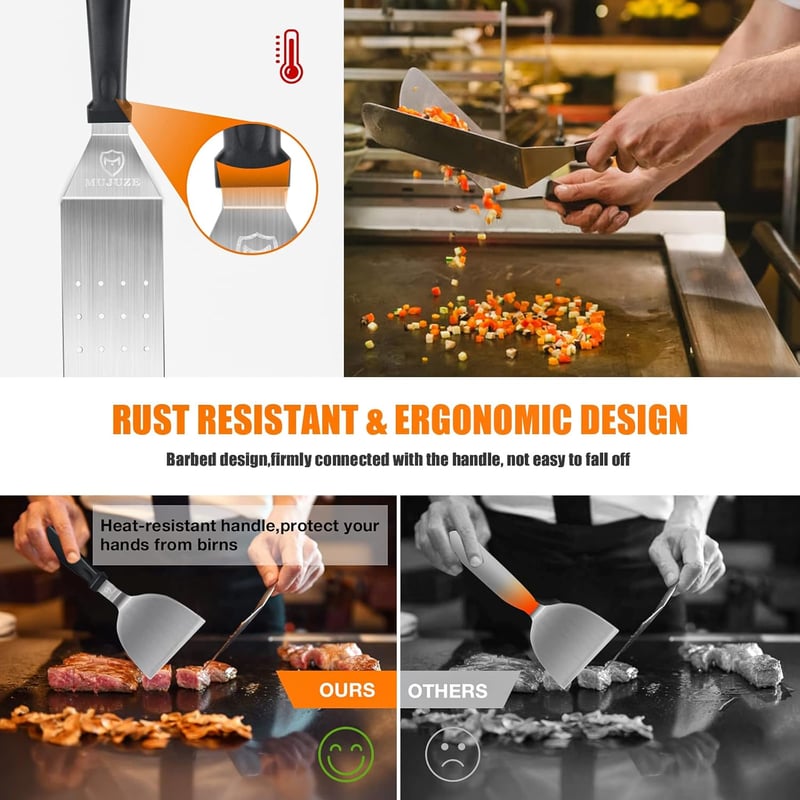 MUJUZE 13 részes rozsdamentes acél grillkészlet táskával - BBQ spatula szett teppanyaki és kempingezéshez, férfiaknak ideális ajándék