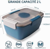 MUJUZE Ebédhordó 2000 ml, 2 szintes rekeszes uzsonnásdoboz evőeszközzel, BPA-mentes, kék — használt, fedél egyik (állapot: lásd a 2. képet) 11