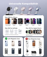 Stație de încărcare inductivă 3 în 1 Mukiya, compatibilă MagSafe pentru iPhone, Apple Watch și AirPods, încărcător wireless 5