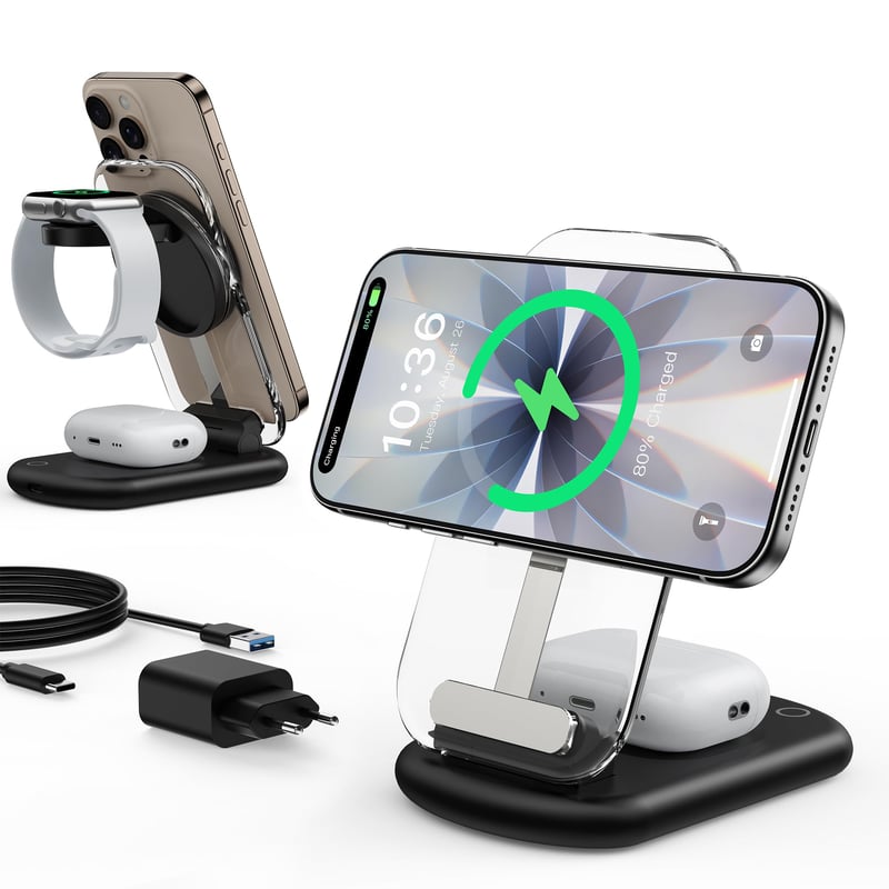 Stație de încărcare inductivă 3 în 1 Mukiya, compatibilă MagSafe pentru iPhone, Apple Watch și AirPods, încărcător wireless