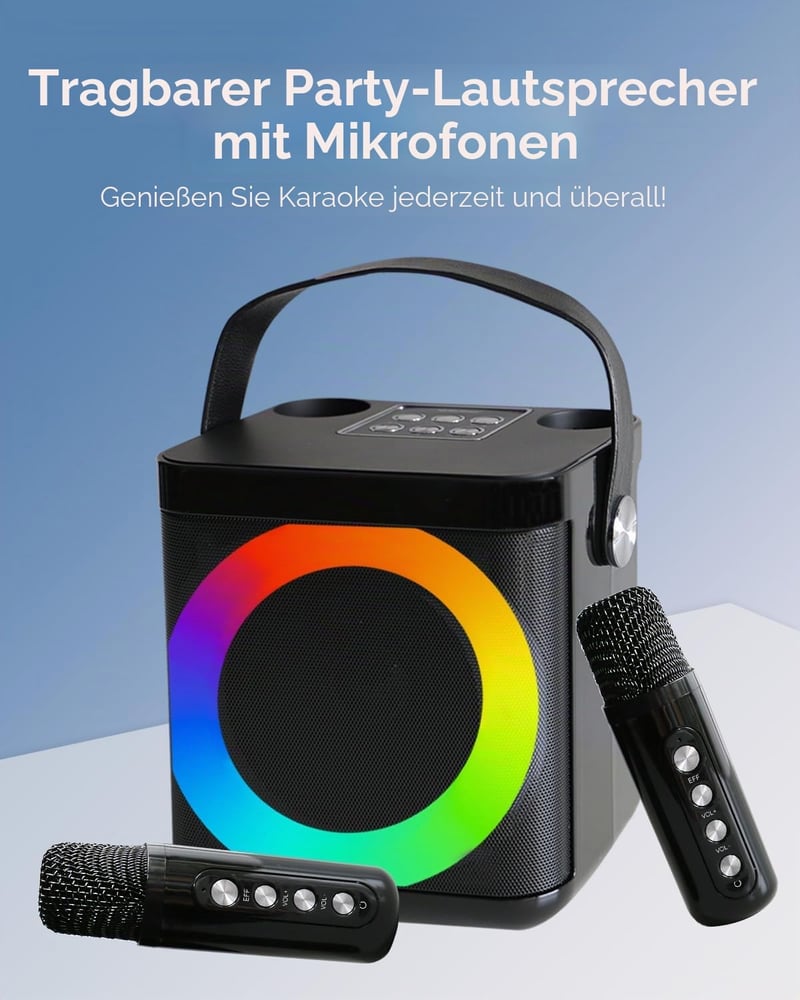 MUMUWIND Bluetooth karaoke gép 2 mikrofonnal LED fényekkel, karaoke box gyerekeknek és felnőtteknek, partira, bulikhoz