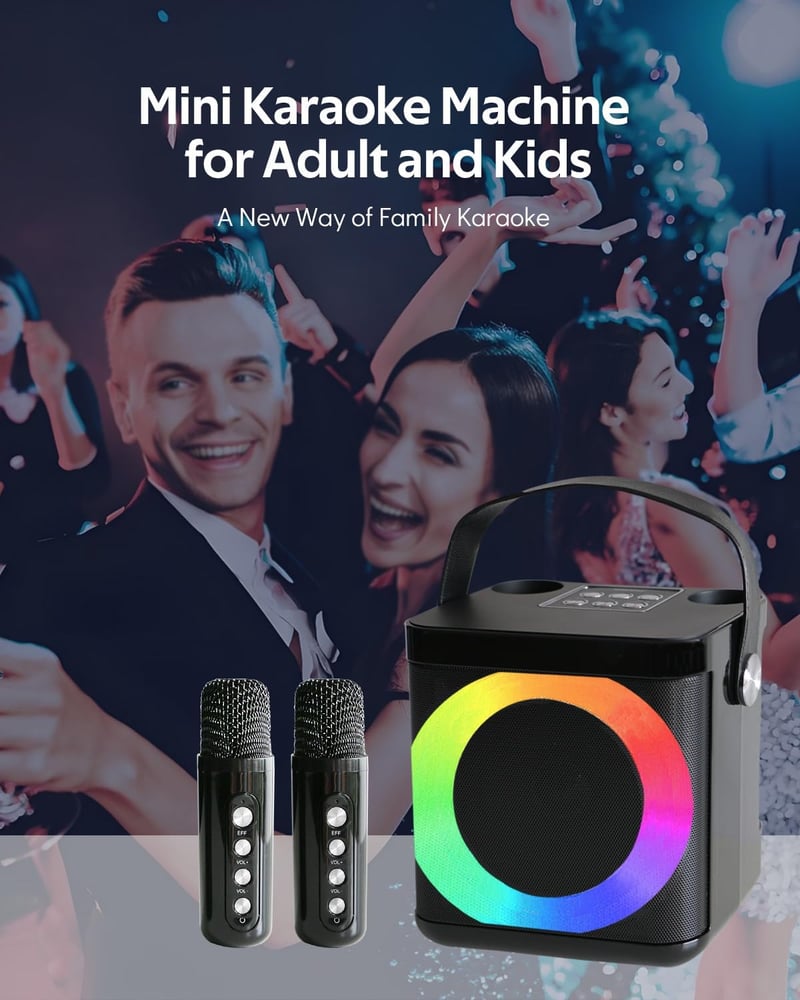 MUMUWIND Bluetooth karaoke gép 2 mikrofonnal LED fényekkel, karaoke box gyerekeknek és felnőtteknek, partira, bulikhoz