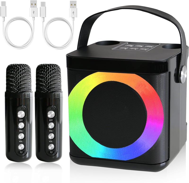 MUMUWIND hordozható karaoke gép Bluetooth karaoke szettel 2 mikrofonnal gyerekeknek és felnőtteknek hangváltó effektekkel LED világítással