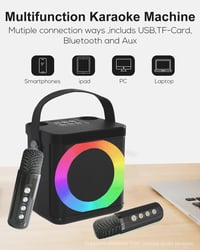 MUMUWIND hordozható karaoke gép Bluetooth karaoke szettel 2 mikrofonnal gyerekeknek és felnőtteknek hangváltó effektekkel LED világítással 3