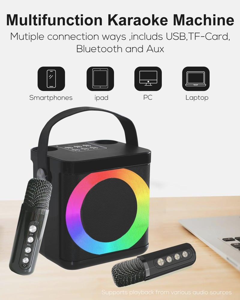 MUMUWIND hordozható karaoke gép Bluetooth karaoke szettel 2 mikrofonnal gyerekeknek és felnőtteknek hangváltó effektekkel LED világítással