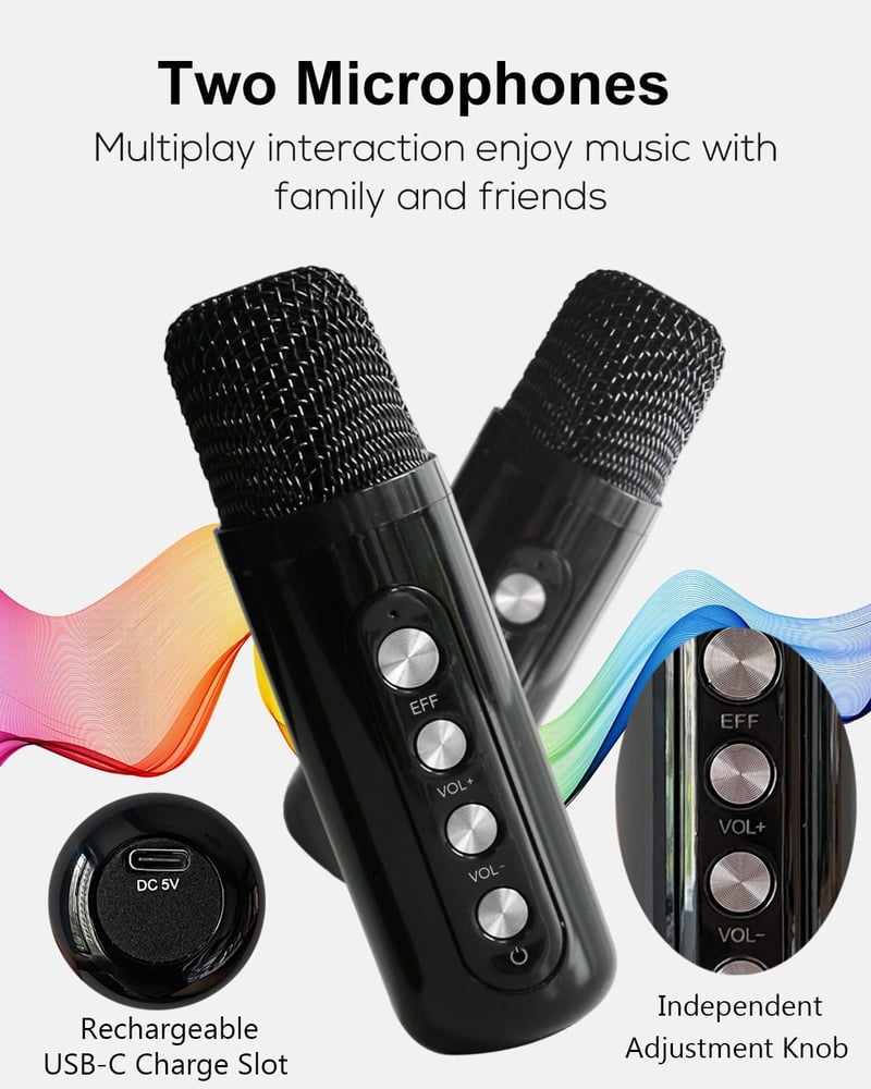 MUMUWIND hordozható karaoke gép Bluetooth karaoke szettel 2 mikrofonnal gyerekeknek és felnőtteknek hangváltó effektekkel LED világítással